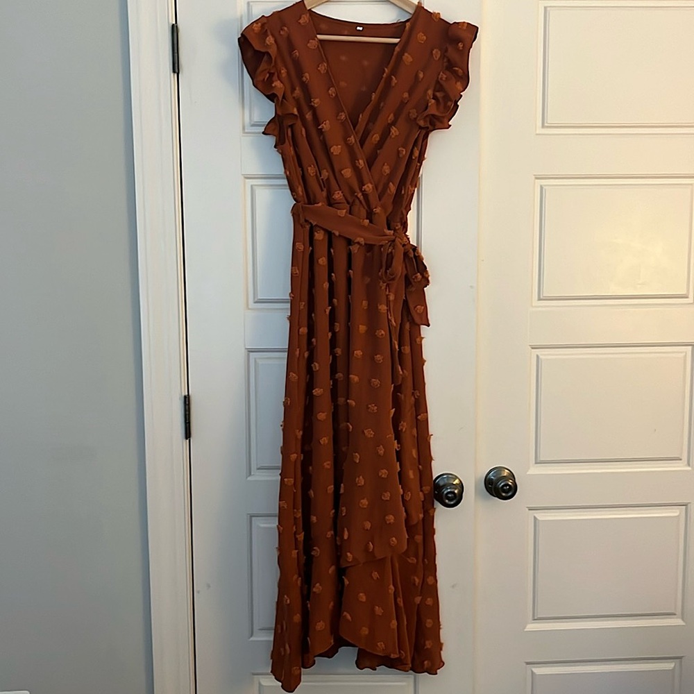 Swiss dot faux wrap midi